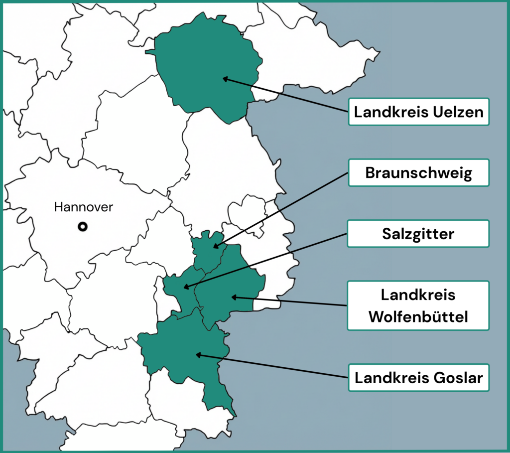 Karte der Standorte der Mansfeld-Löbbecke-Stiftung in Süd-Ost-Niedersachsen: Landkreis Uelzen, Braunschweig, Salzgitter, Landkreis Wolfenbüttel und Landkreis Goslar.